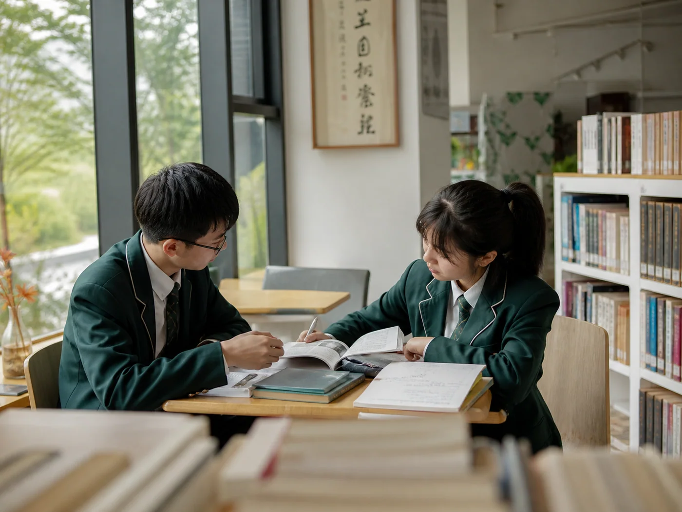两名高中生在校园阅读空间围绕书本与笔记交流的视觉占位图