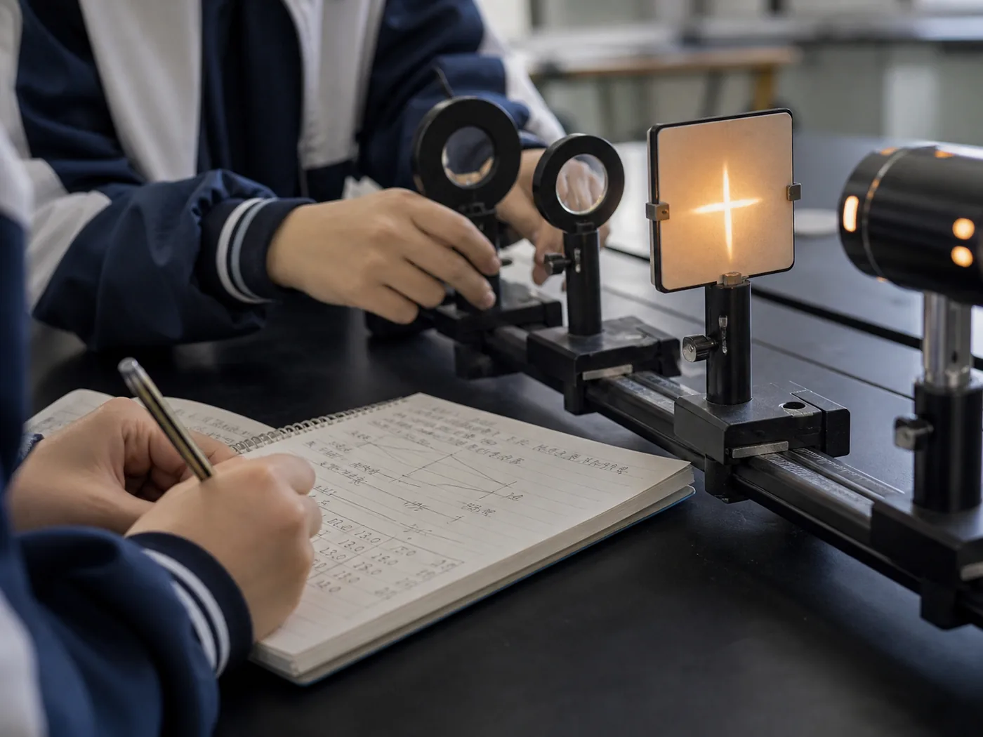 学生用光学器材完成实验并记录过程的细节视觉占位图