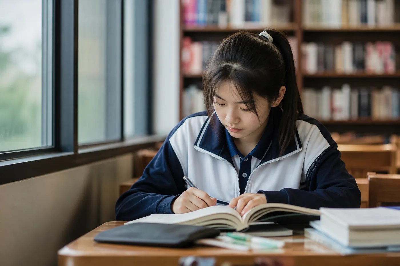 一名高中生在图书馆窗边阅读并做笔记的视觉占位图